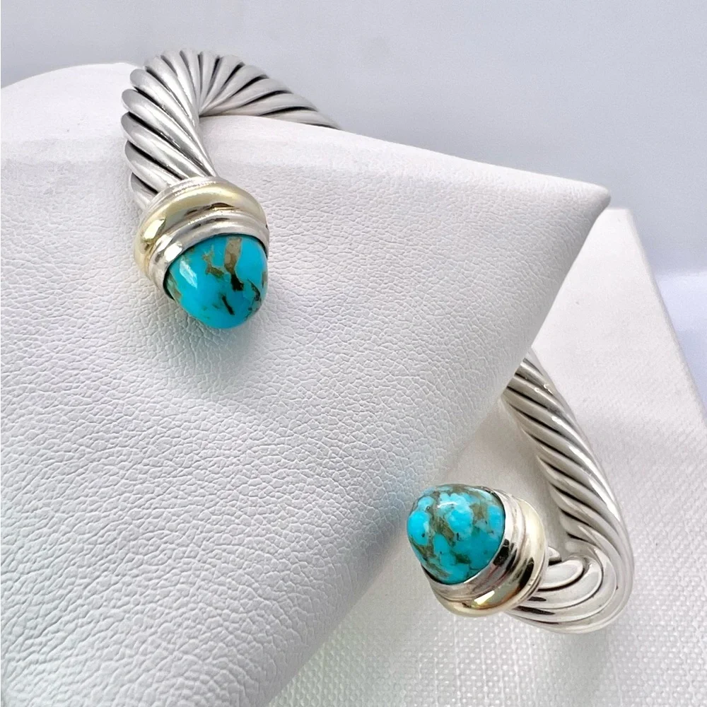 David Yurman Sterling Silver & 14K Gold Turquoise Cable Bracelet - Picture 10 of 14